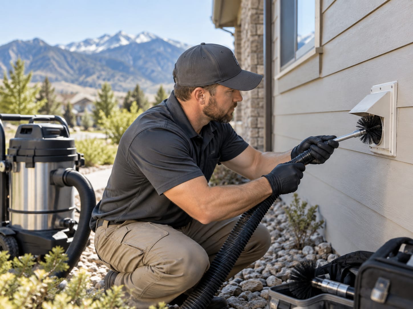 Technician cleaning an exterior dryer vent on a Boulder-area home