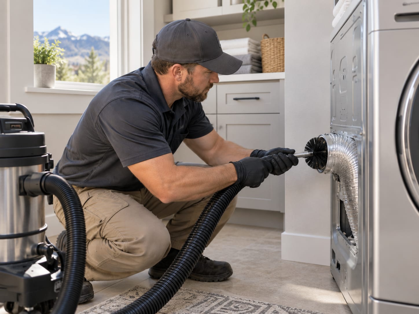 Technician with a rotary brush at a laundry-room dryer connection