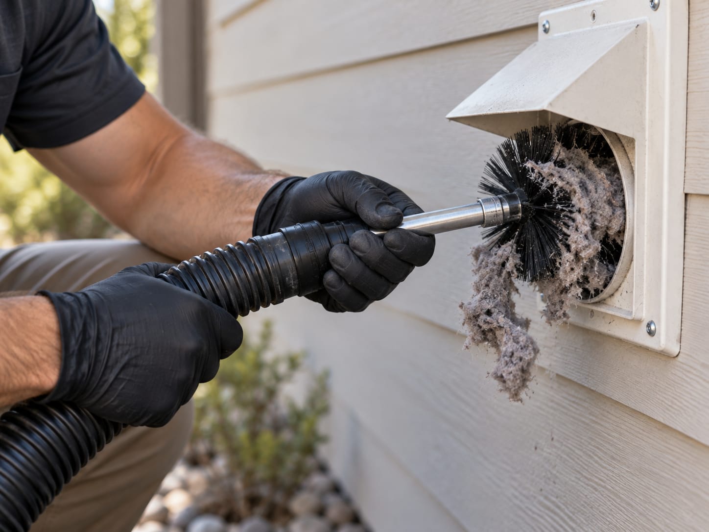 Rotary brush pulling lint from an exterior dryer vent hood