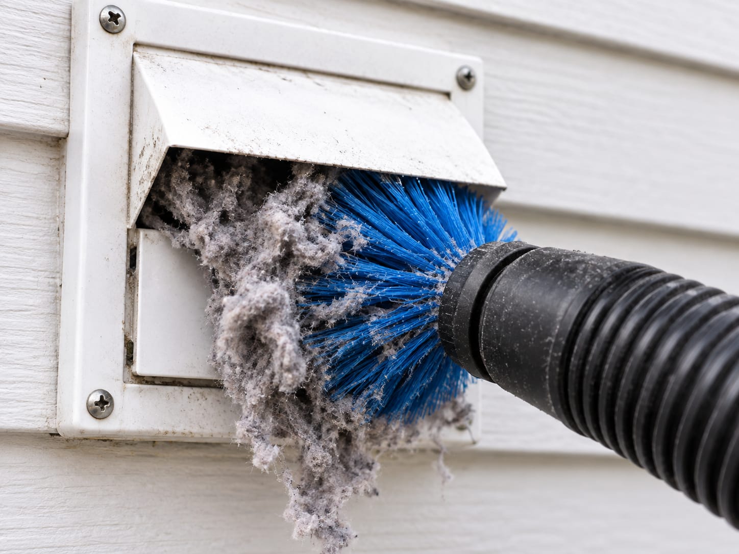 A dryer vent hood packed with lint