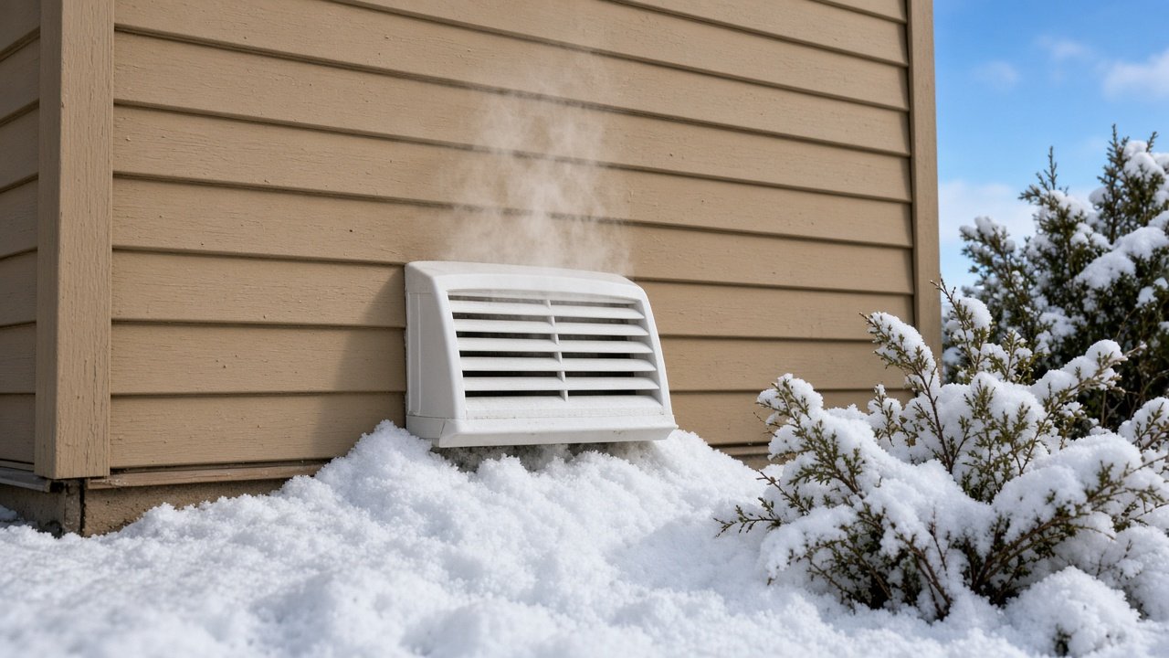 White louvered dryer vent hood half buried in a snow drift